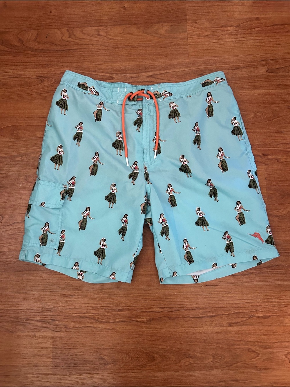 Tommy Bahama Mens Blue Hula Girl Hawaiian Swim Board Shorts Large Mesh Lined